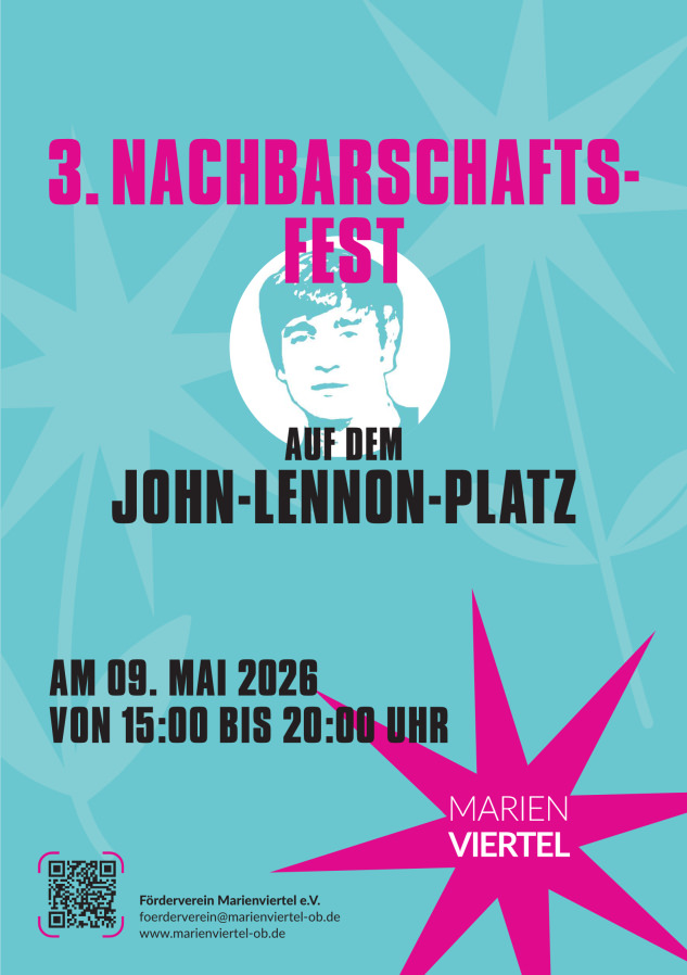 Flyer: Drittes Nachbarschaftsfest auf dem John-Lennon-Platz im Marienviertel in Oberhausen am 9. Mai 2026.